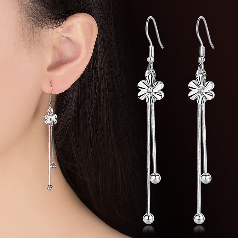 Personalized National Trend Flower Tassel Mid-Length Simple Korean Elegant Sweet Silver-Plated Ear Jewelry Diamond Plum Earrings for Women