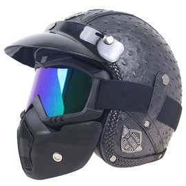 高端摩托车半盔复古哈雷盔摩友骑行防护盔皮革包裹配面罩哈雷