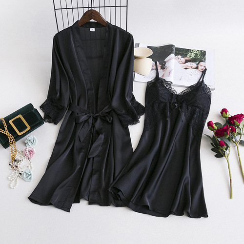 Spring New Women Sexy Nightgown Robe Silk Homecoming Set with Straps, Two-Piece Set Wholesale