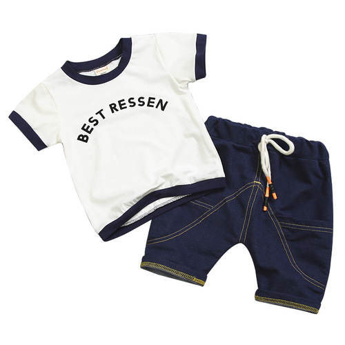 Baby summer short-sleeved suit, boy, girl, child, imitation jeans, baby, children's sports two-piece set, small children's clothing