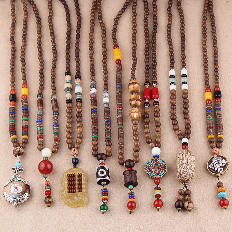 Ethnic style retro long wooden sweater chain Bodhi pendant wooden bead necklace men's and women's cotton and linen pendant Accessories Wholesale