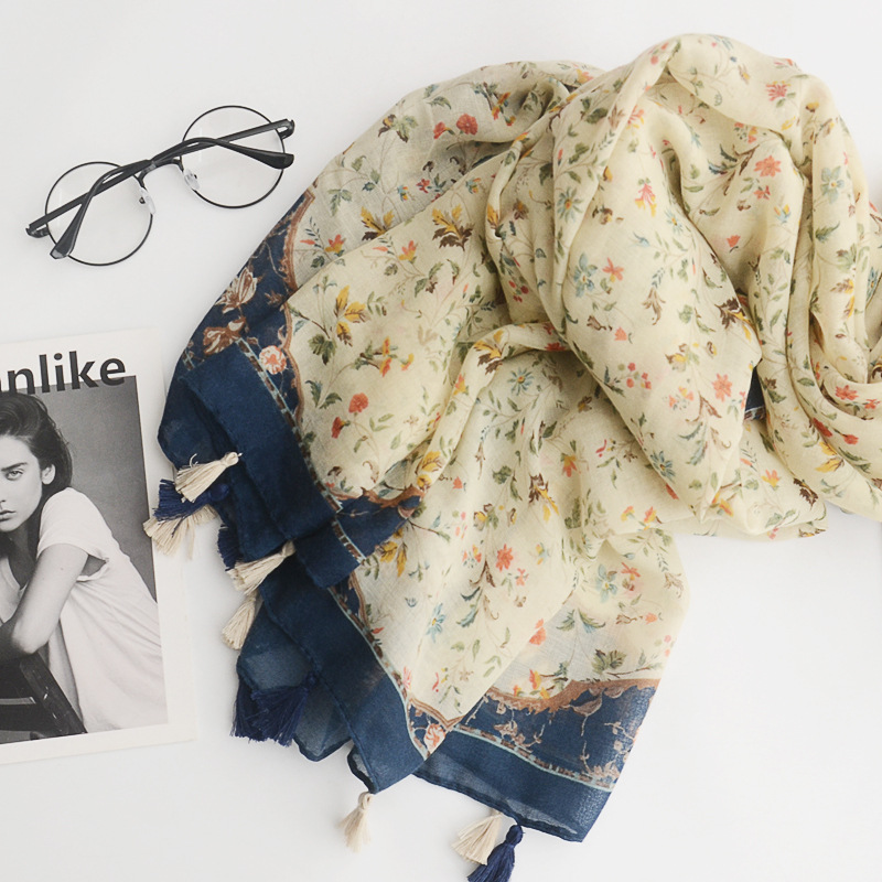 Nuevo japonés Mori chica floral fresco algodón y lino bufanda Super artístico todo partido decorativo bufanda viaje playa toalla para mujeres