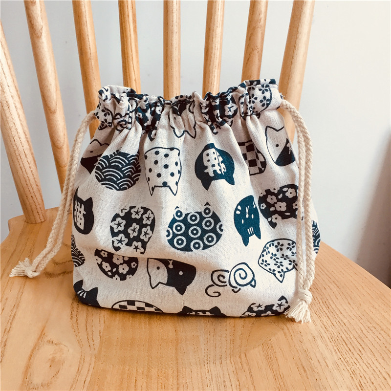 Bolsa de almuerzo de estilo japonés bolsa de almuerzo bolsa de desayuno bolsa de lino de algodón bolsa de cordón bolsa de almacenamiento doble engrosada de gran capacidad
