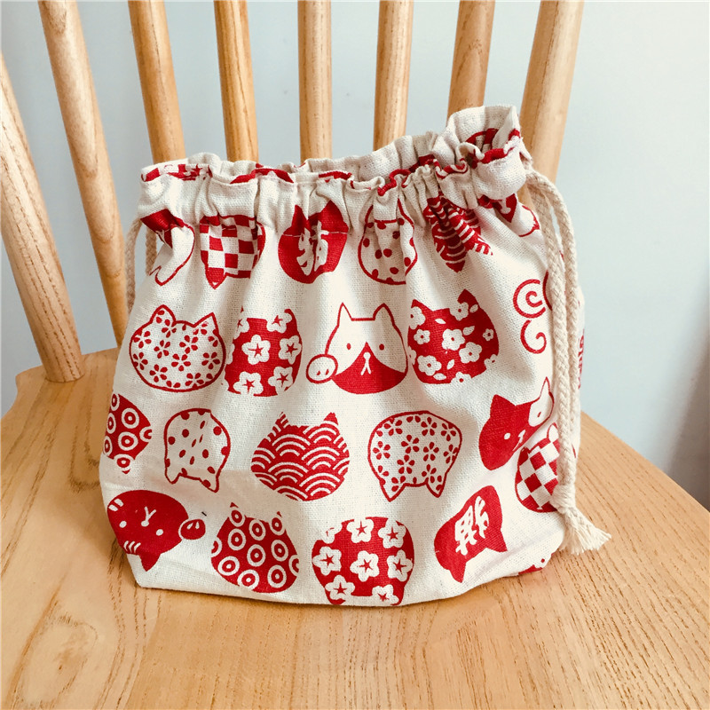 Bolsa de almuerzo de estilo japonés bolsa de almuerzo bolsa de desayuno bolsa de lino de algodón bolsa de cordón bolsa de almacenamiento doble engrosada de gran capacidad