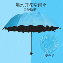 厂家批发加厚黑胶遇水开花伞 防晒晴雨伞折叠雨伞 太阳伞可印LOGO