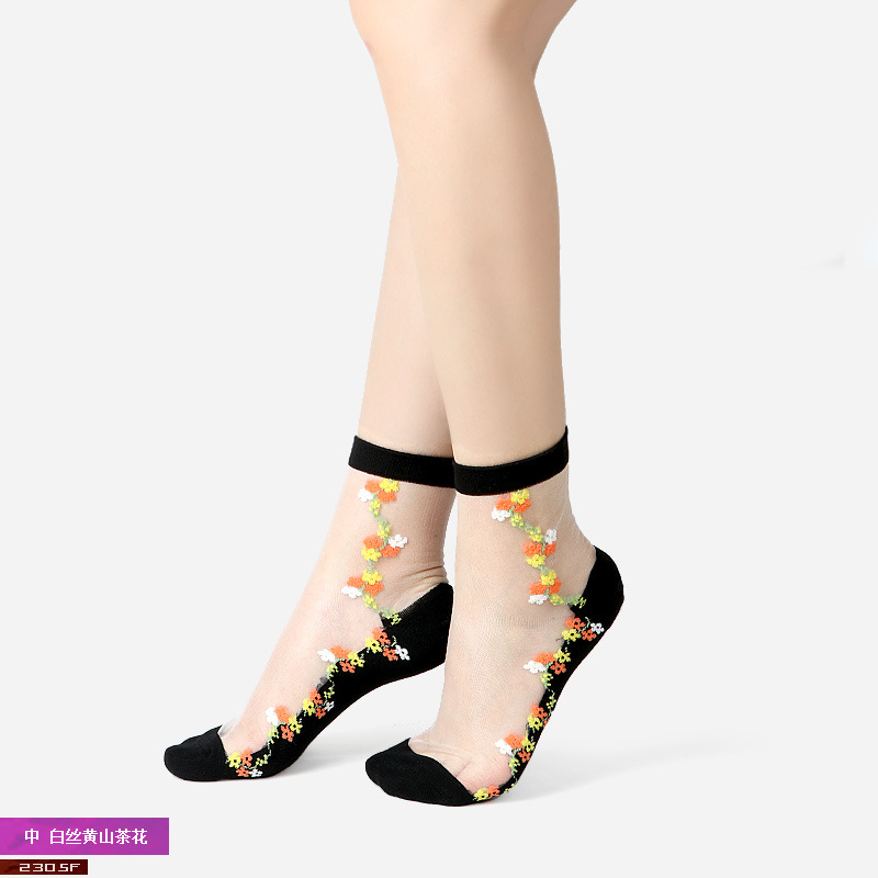 Corea del Sur moda tejida medias de cristal de flores simples medias de cristal de fondo de algodón de flores ultra-Delgado invisible media pantorrilla calcetines de mujer moda al por mayor