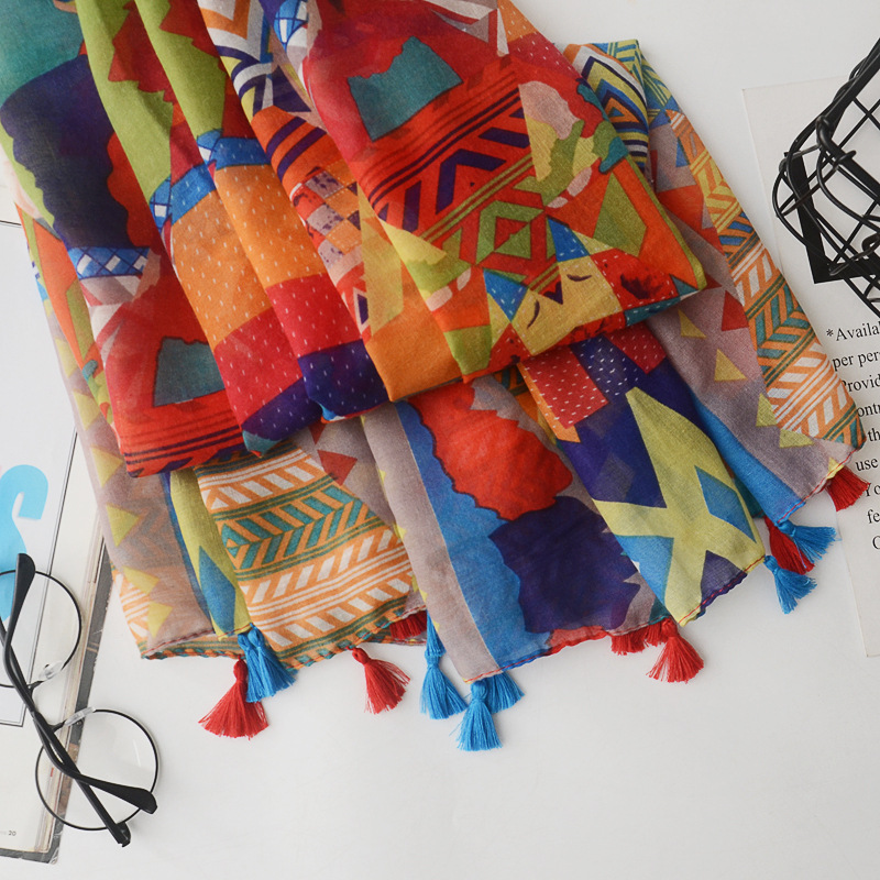 Nuevo estilo europeo y americano color brillante color geométrico a juego protector solar chal estilo coreano versátil algodón decorativo y lino bufanda viaje playa toalla
