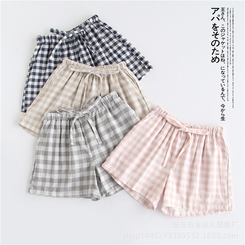 Couple Shorts Summer Pajamas Women's New Thin Pajama Pants Plaid Japanese Style Fresh Multi-color Double-layer Cotton Yarn Home Pants