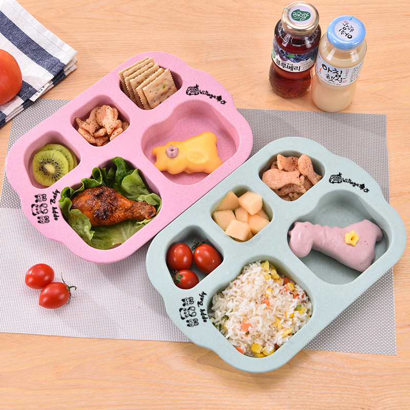 Jardín de infantes de paja de trigo comida dividida para niños Plato de desayuno de estudiantes Plato dividido con cuchara tenedor palillos