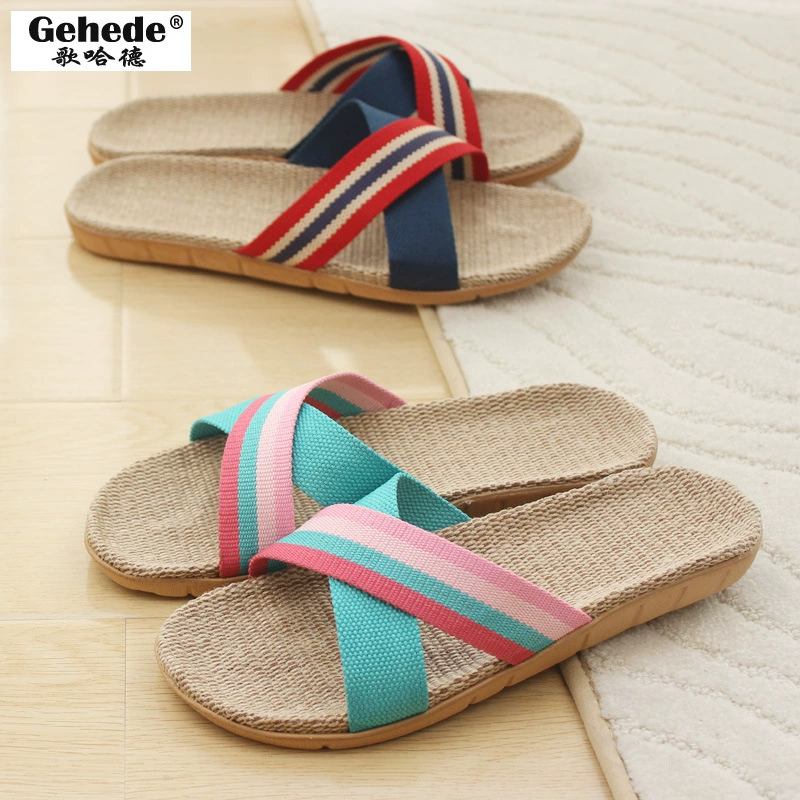 Японская и корейская пара весна и лето круглые легкие бесшумные мужские полосатые льняные соломенные домашние сандалии и тапочки для женщин удобные