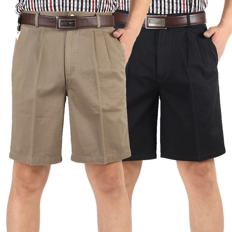New summer men's shorts double pleated cotton high waist loose cropped pants thin middle-aged and elderly casual outer wear pants