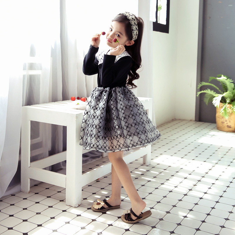 Vestido de niñas vestido de princesa para niños ropa de estilo coreano para niños primavera y otoño collar de muñeca de encaje vestido a cuadros de manga larga para niños medianos y grandes