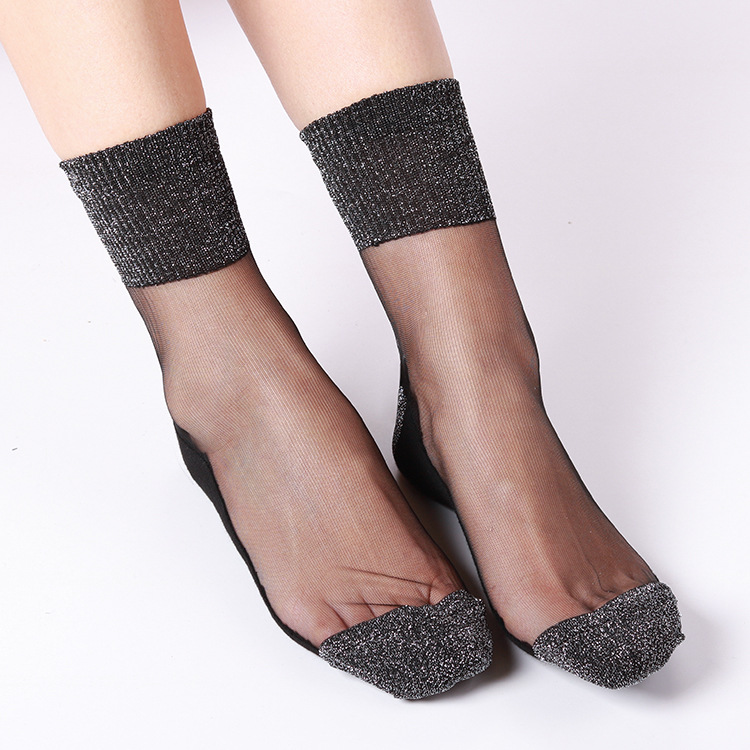 Embalaje independiente Medias de cristal Medias de la pantorrilla Primavera y otoño Nuevos calcetines de cebolla plateados para mujer Calcetines de seda con fondo de algodón Calcetines de mujer transparentes al por mayor