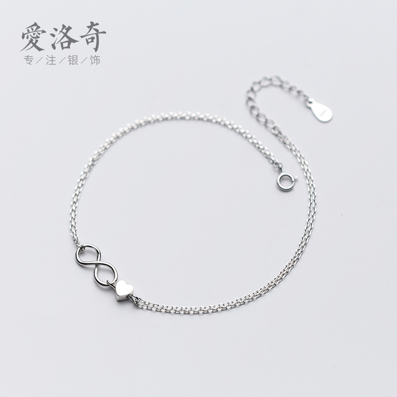 S925 tocalera de plata para mujeres coreanas pequeñas frescas infinitas doble amor tocalera joyas de pie en forma de corazón para mujeres S2150