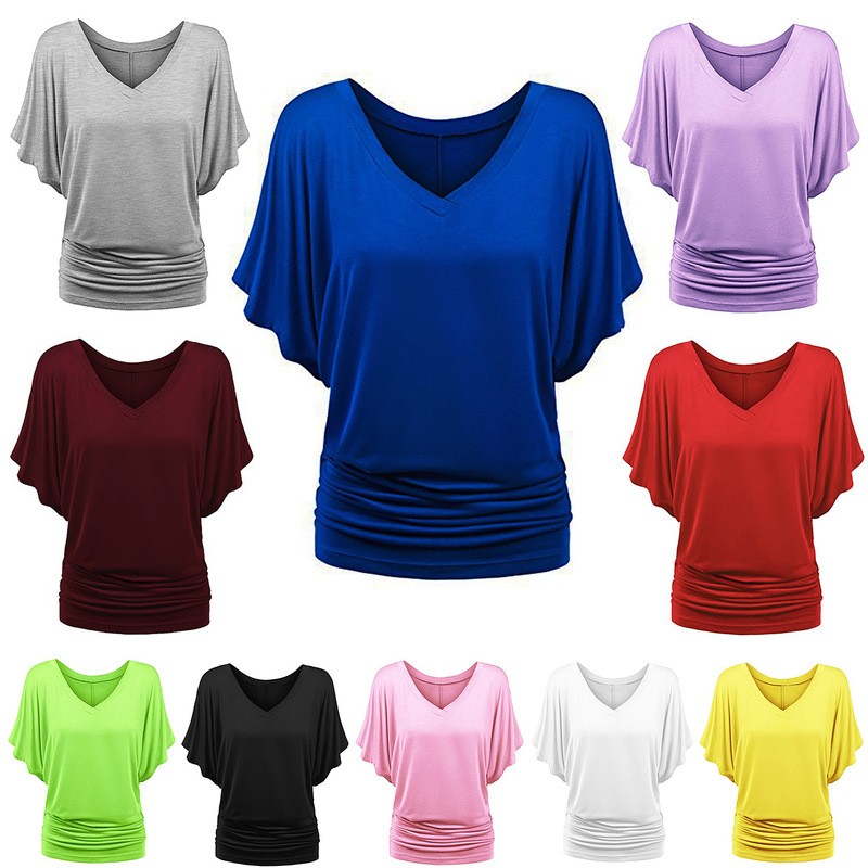 Cross-Border Plus-Size Women's Loose Batwing Sleeve V-Neck Short-Sleeve T-Shirt Top European and American Style Casual Pullover Base Shirt