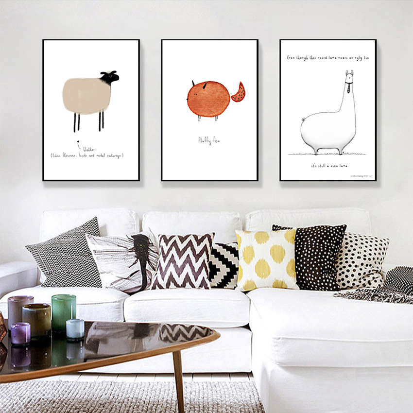北欧简约儿童房装饰画卡通简笔小动物挂画公寓民宿家装墙画无框画