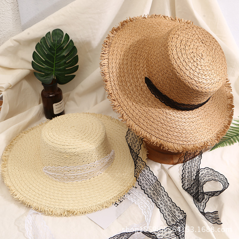 Fashionable lace streamer straw hat women Korean summer beach hat…