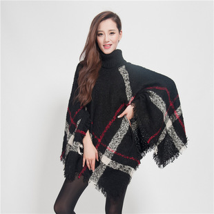 Autumn and winter Europe and the United States large size foreign trade Women's cape high collar Plaid warm loose tassel Cape shawl wholesale manufacturers