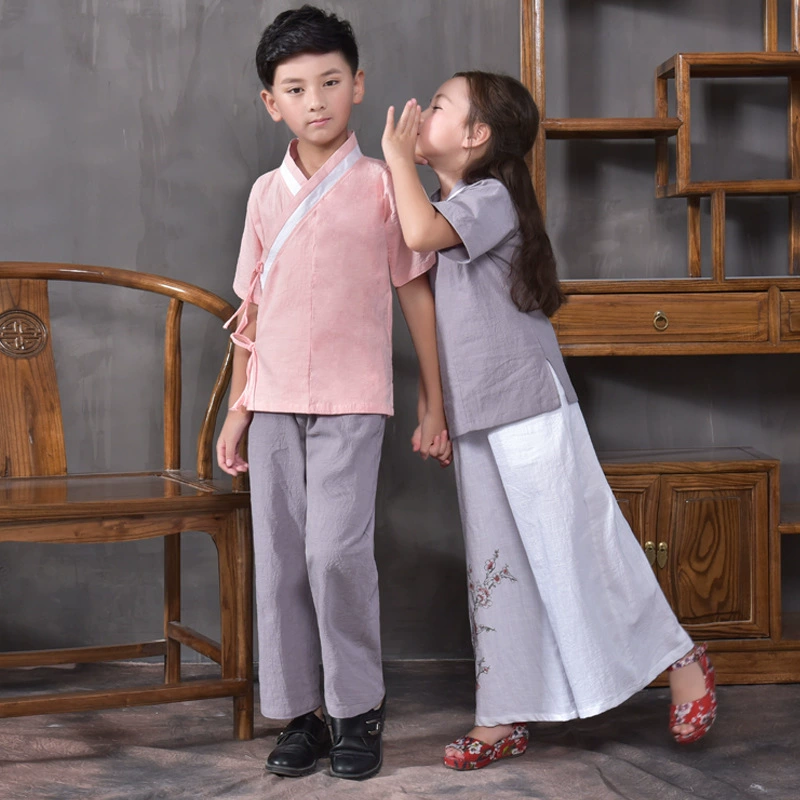 Детские брюки с короткими рукавами ханьфу, китайская школьная одежда, летний костюм из хлопка и льна, брюки с широкими штанинами в китайском стиле, детская одежда в наличии