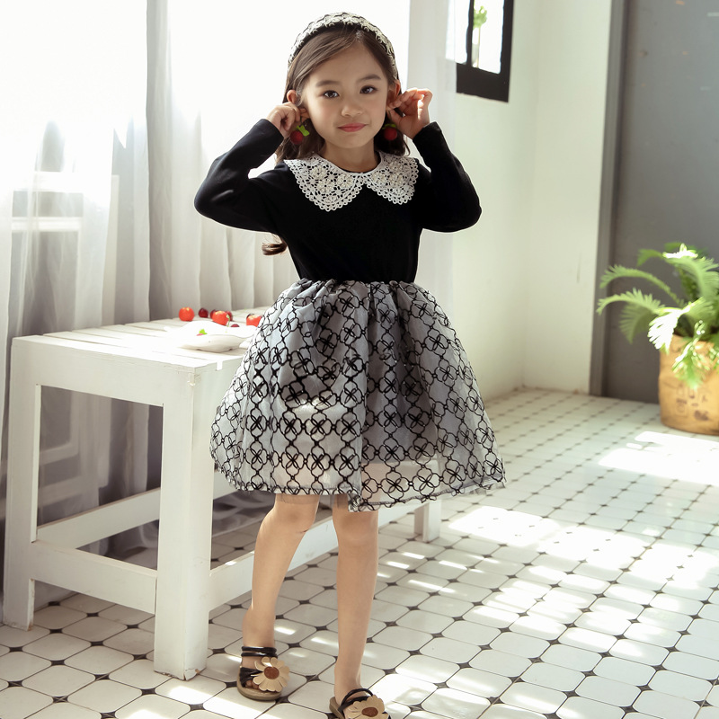 Vestido de los niños del otoño de una sola pieza de entrega estilo coreano niñas de algodón de manga larga vestido de organza a cuadros blanco y negro vestido de princesa