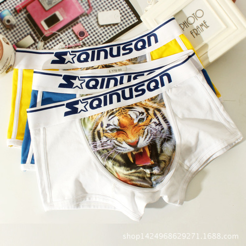 Chic Men's Briefs Straight Leg Pajama Bottoms for Youth with 3D Tiger Head Pattern Cotton Low-Waist Sexy Square Thong