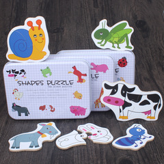 A set of exquisite animal and insect puzzle pieces in a wooden block form, packaged in an iron box, with one piece per order.