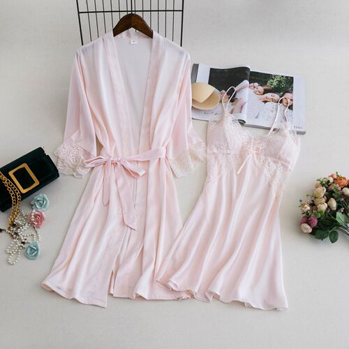 Spring New Women Sexy Nightgown Robe Silk Homecoming Set with Straps, Two-Piece Set Wholesale