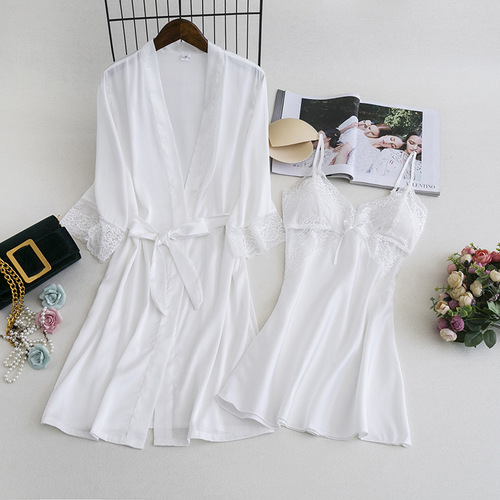 Spring New Women Sexy Nightgown Robe Silk Homecoming Set with Straps, Two-Piece Set Wholesale