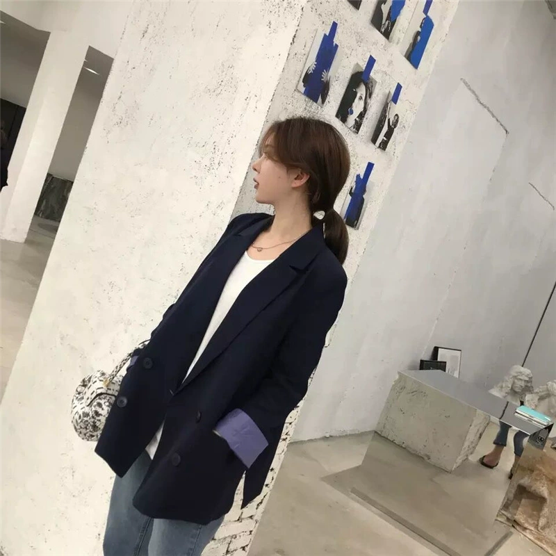 2021 домашний темно-синий двубортный короткий маленький пиджак с разрезом