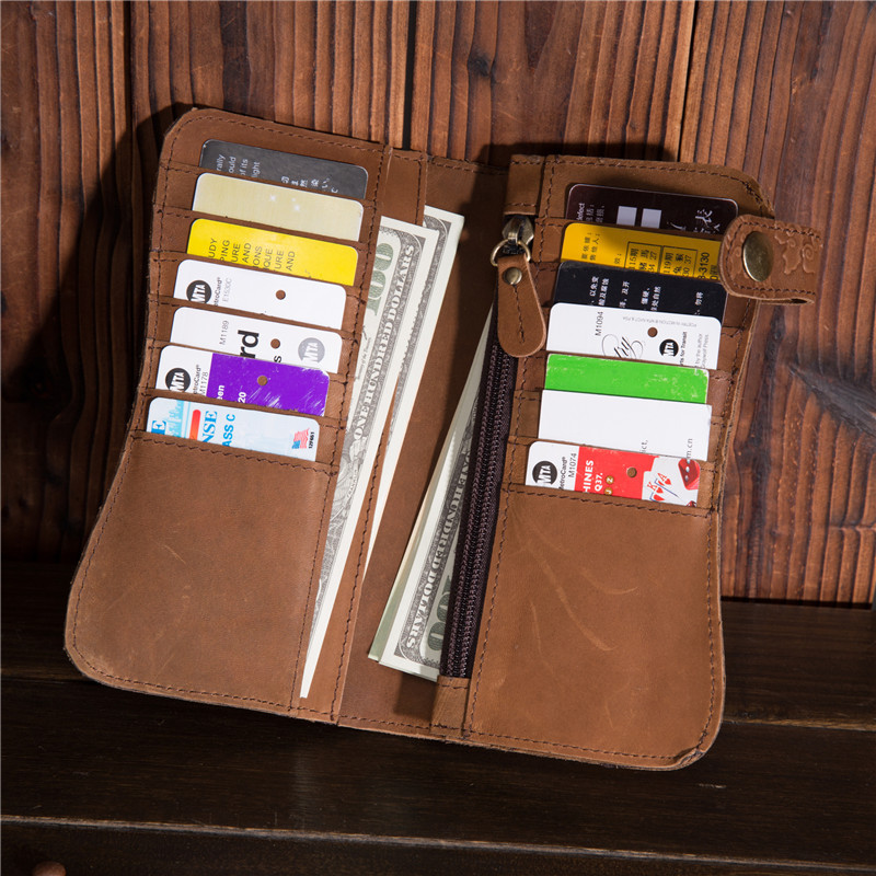 B161 billetera de cuero de cera de aceite de cadena de hierro antirrobo retro japonés patrón de dragón de presión de viento capa superior piel de vaca larga estudiante de moda