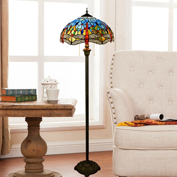 European Tiffany Mediterranean Retro Decorative Stained Glass Blue Dragonfly Art Living Room Dining Room Floor Lamp 40