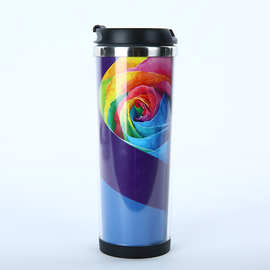 创意印照片图片图案卡纸插纸二维码内钢外塑双层隔热直身咖啡杯子