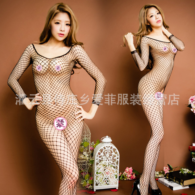 Europa y América más tamaño lencería sexy de malla transparente de las mujeres de una sola pieza de manga larga de cuello redondo de malla de una sola pieza medias