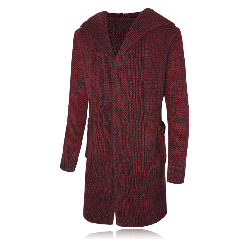 Men's mid-length cardigan with hood and horn buttons, thickened sweater, casual plus size knit sweater.
