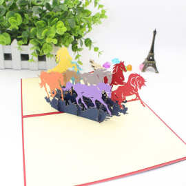 创意新款3D立体贺卡剪纸折纸雕刻镂空彩色马节日商务祝福卡印刷