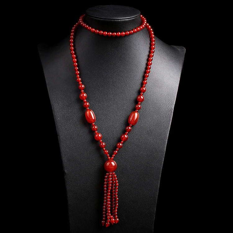 新年礼物民族风复古天然红玛瑙项链毛衣链长款吊坠女款玛瑙项链