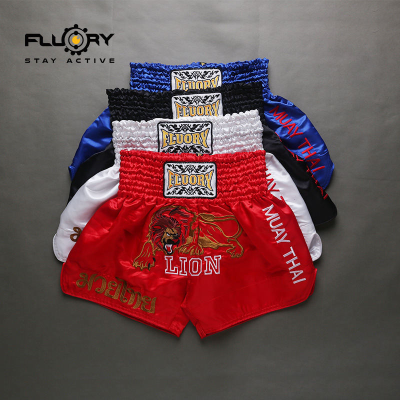2018 New Style Muay Thai Shorts Men's FLUORY Training Fight Shorts Women's Lion Embroidered Sanda Boxer Shorts