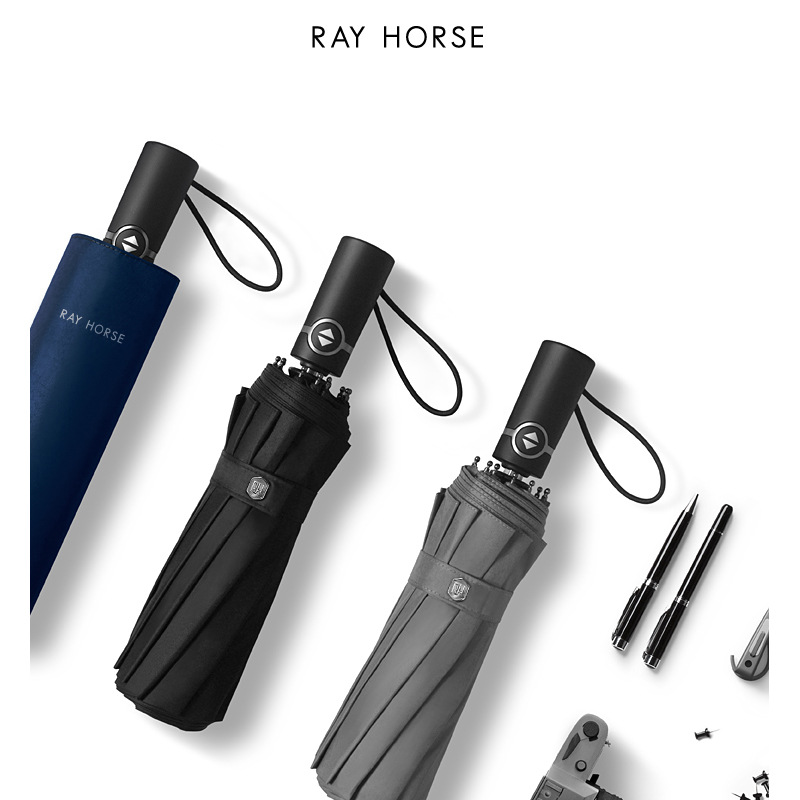 RAY HORSE12骨全自动雨伞折叠黑胶男士商务防风加固晴雨两用雨伞