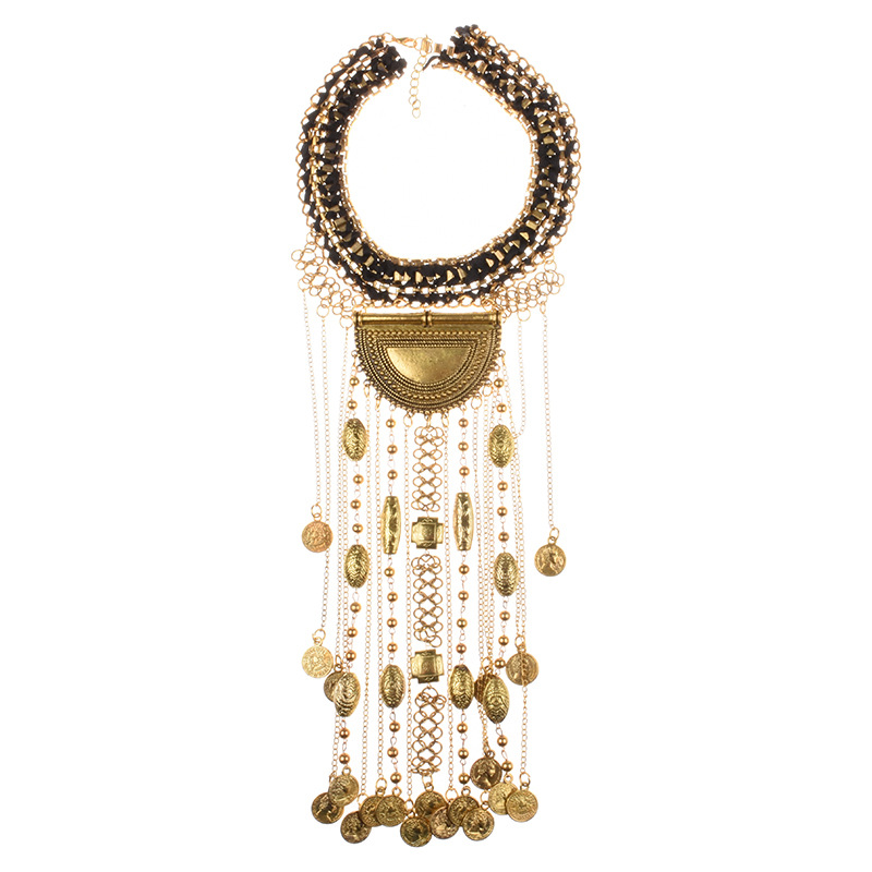 Exaggerated Crystal Gemstone Multi-layer Coin Tassel Necklace_voghion.com