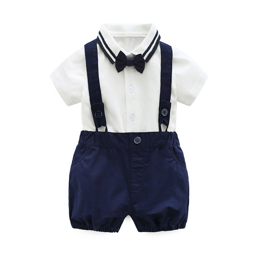 Summer New Arrival Set for Baby Boys - Gentleman Bow Tie Suit for Young Boys, Stylish First Birthday Outfit, Navy Style Belted Pants 3-Piece Set