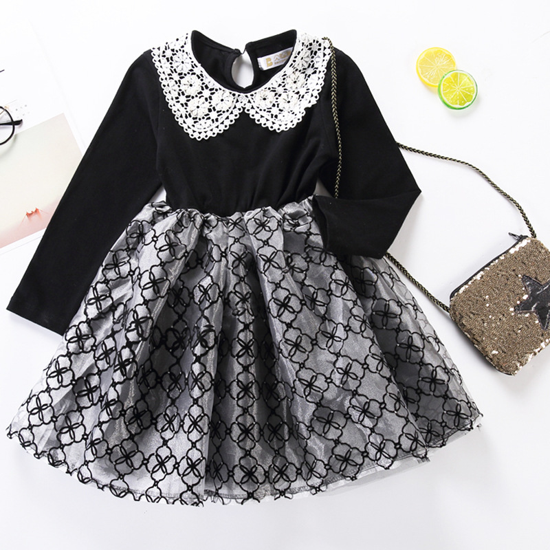 Vestido de los niños del otoño de una sola pieza de entrega estilo coreano niñas de algodón de manga larga vestido de organza a cuadros blanco y negro vestido de princesa