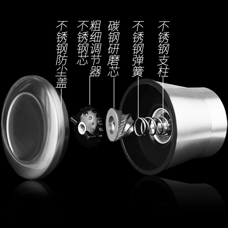 Acero inoxidable negro pimienta amoladora manual de acero al carbono movimiento de vidrio condimento caja sazonador tarro venta directa de la fábrica