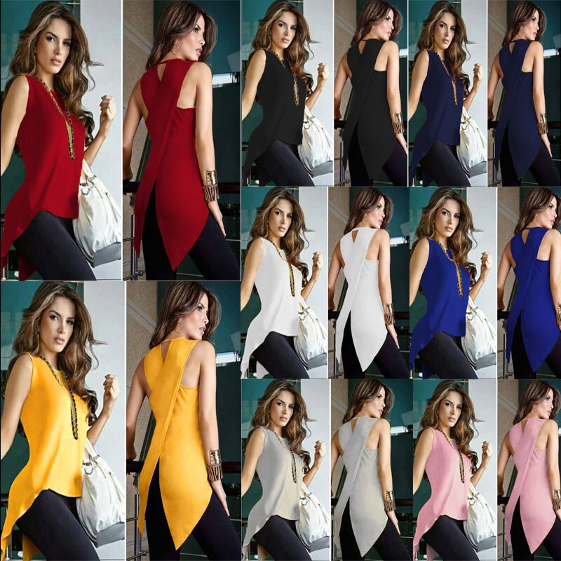 European and American Amazon Irregular Back Cross Slim Fit Swing Collar Top Sexy Sleeveless Women's Solid Color Round Neck T-Shirt European and American Amazon Irregular Back Cross Slim Fit Swing Collar Top Sexy Sleeveless Women's Solid Color Round Neck T-Shirt