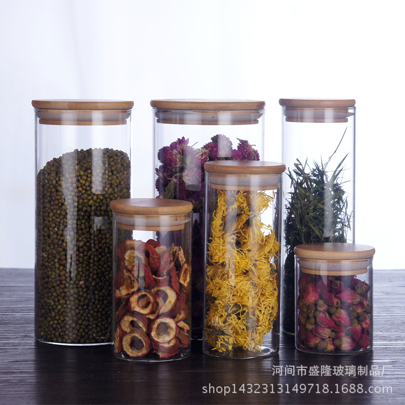 厂家批发高硼硅玻璃密封罐直筒茶叶罐竹盖储物罐厨房杂粮调料罐