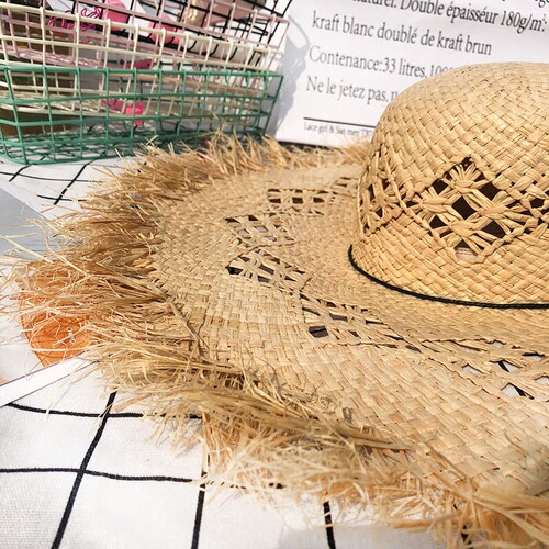 Summer Hat with Hollow Design, New Women's Beach Hat, Sun Hat for Women, Large Brim Leisure Hat, Solid Color, Hairy Edge, La Fleur Grass Hat