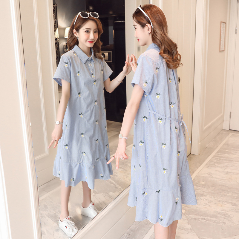 Real Price Maternity Wear 2025 Summer Short-Sleeved Shirt Collar Dress Cotton and Linen Stripesd Embroidered Maternity Dress Real Price Maternity Wear 2025 Summer Short-Sleeved Shirt Collar Dress Cotton and Linen Stripesd Embroidered Maternity Dress