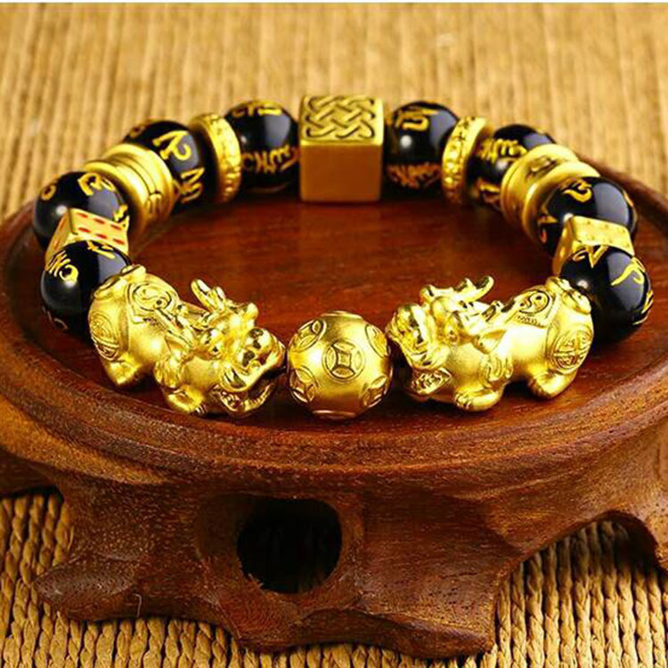 Wholesale Obsidian Pixiu Bracelet, Gold-Plated Men's Prayer Beads, Six-Word Mantra Bracelet, Sand Gold Style, Agate, Red Agate