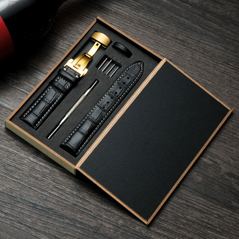 Venta al por mayor correa de reloj de cuero genuino par correa de reloj doble prensa mariposa hebilla caja de madera a juego accesorios de reloj (Grande)