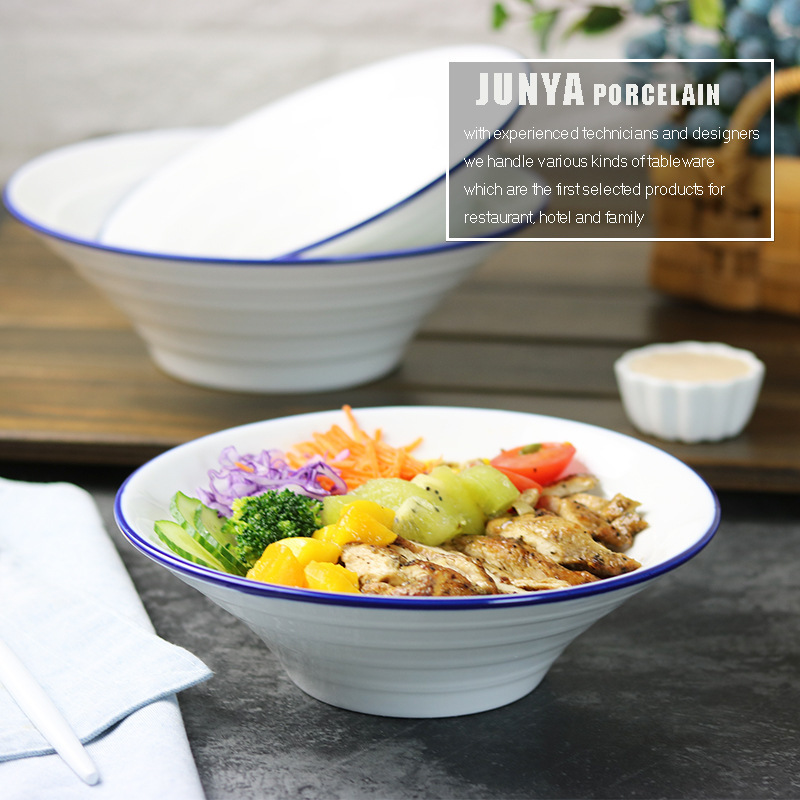 Japanese Ceramic Ramen Bowl Simple Household Black and Blue Edge Soup Bowl Fruit Salad Bowl Boiled Fish Bowl Bamboo Hat Bowl