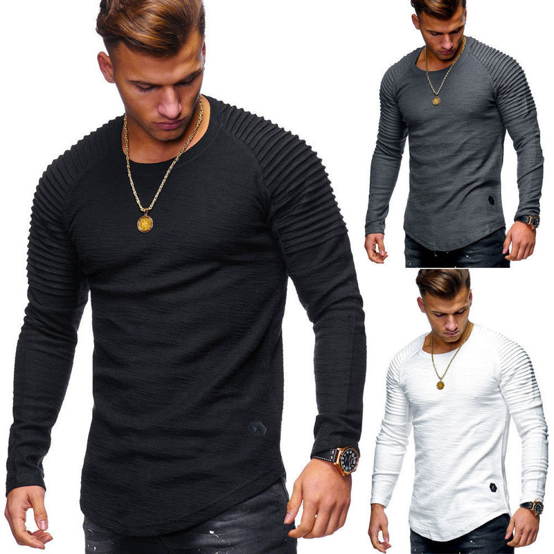 Men's Round neck slim-fit solid color long-sleeved T-shirt striped pleated raglan sleeve European and American Foreign Trade men's clothing